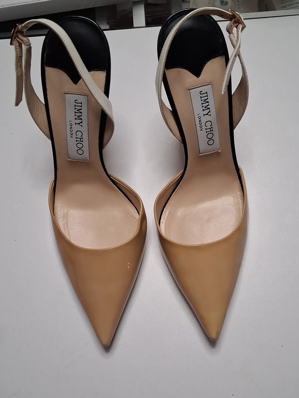Jimmy Choo Beige and Black Pointed Toe Ankle Strap Heels